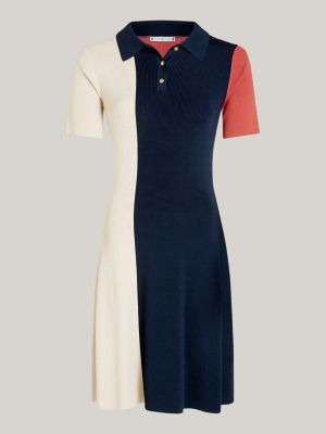 Robe polo moulante colour block en tricot Bleu Tommy Hilfiger