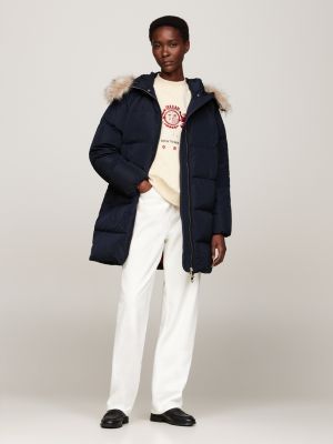 manteau à capuche en duvet et fausse fourrure bleu pour femmes tommy hilfiger