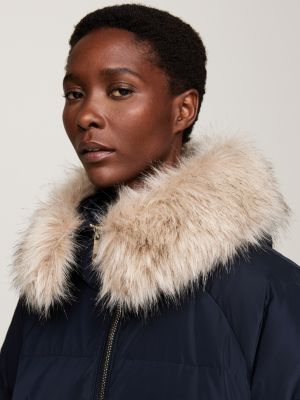 manteau à capuche en duvet et fausse fourrure bleu pour femmes tommy hilfiger