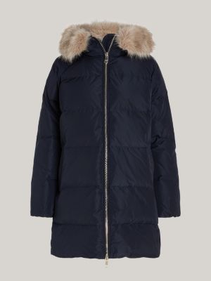 blauw donsjas met capuchon en imitatiebont voor dames - tommy hilfiger