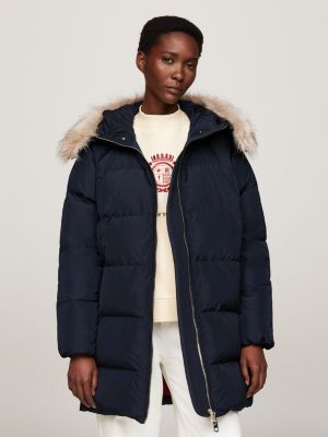 blue down faux fur hooded coat for women tommy hilfiger