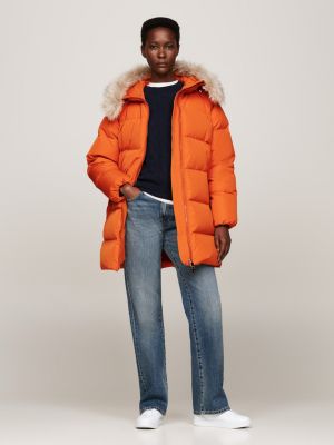 manteau à capuche en duvet et fausse fourrure orange pour femmes tommy hilfiger