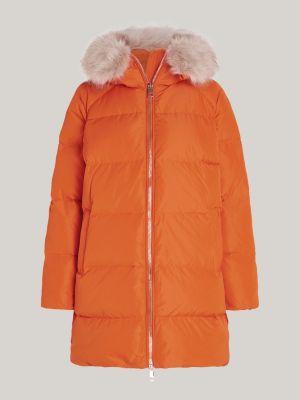 orange down faux fur hooded coat for women tommy hilfiger