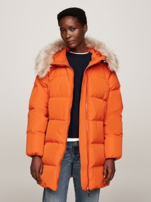 manteau à capuche en duvet et fausse fourrure orange pour femmes tommy hilfiger