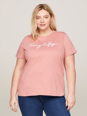 Tommy Hilfiger Women Peach Pink Brand Logo Print Round Neck Pure Cotton  T-shirt