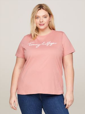 Buy Tommy Hilfiger women plus size sports fit round neck short sleeves  graphic tie dyed top pink combo Online