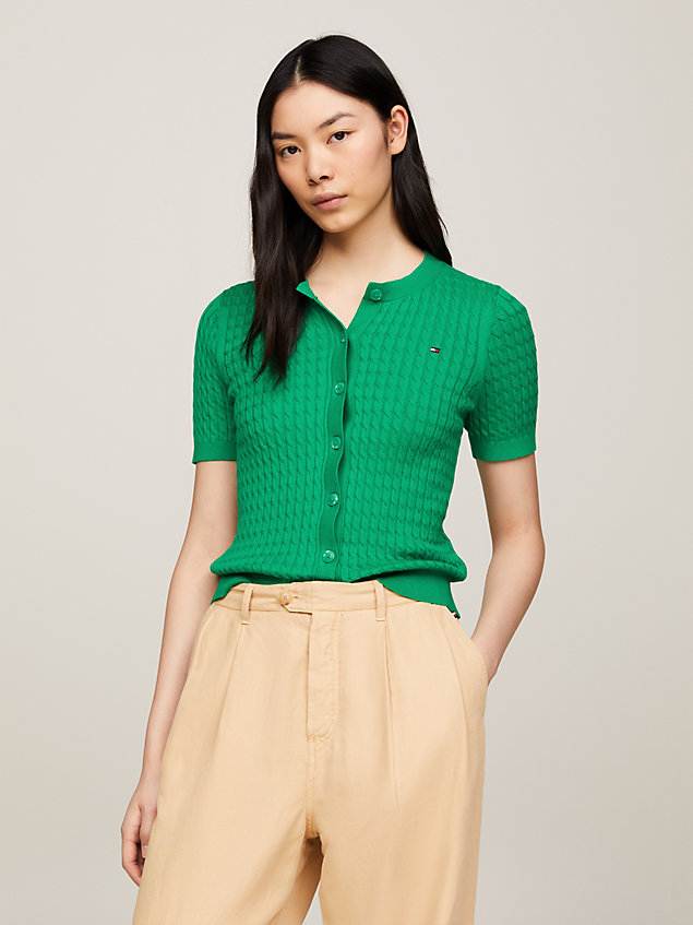 green cable knit slim short sleeve cardigan for women tommy hilfiger