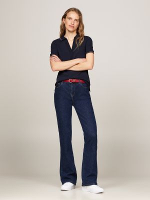 blauw slim polo met open placket en contraststreep voor dames - tommy hilfiger