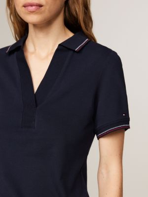 blauw slim polo met open placket en contraststreep voor dames - tommy hilfiger