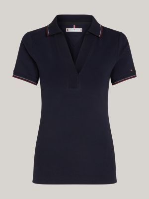 blauw slim polo met open placket en contraststreep voor dames - tommy hilfiger