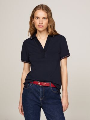 blue slim polo met open placket en contraststreep voor dames - tommy hilfiger