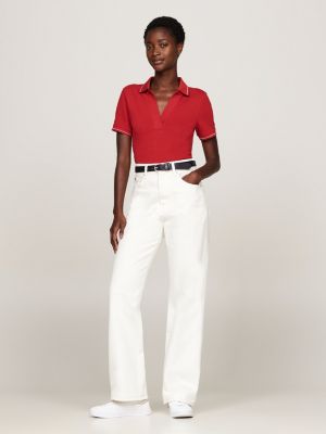 rood slim polo met open placket en contraststreep voor dames - tommy hilfiger