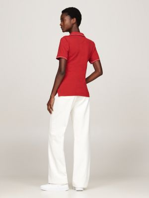 rood slim polo met open placket en contraststreep voor dames - tommy hilfiger