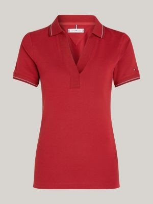 rood slim polo met open placket en contraststreep voor dames - tommy hilfiger