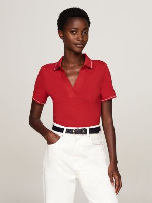 red slim polo met open placket en contraststreep voor dames - tommy hilfiger