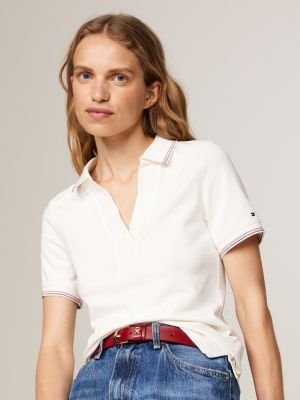 wit slim polo met open placket en contraststreep voor dames - tommy hilfiger