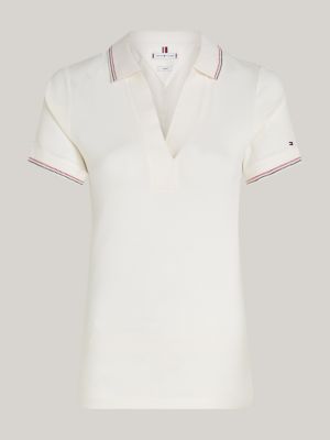 wit slim polo met open placket en contraststreep voor dames - tommy hilfiger