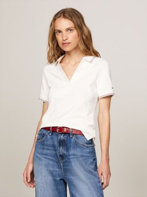 white slim polo met open placket en contraststreep voor dames - tommy hilfiger