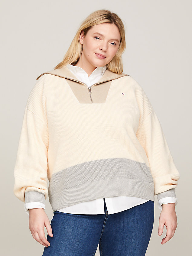 pullover curve relaxed fit con mezza zip beige da donne tommy hilfiger