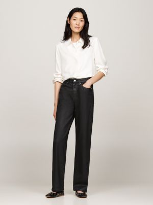 black high rise relaxed straight coated black jeans for women tommy hilfiger