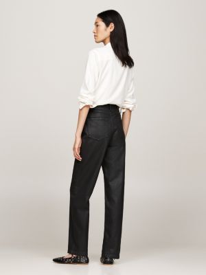 black high rise relaxed straight coated black jeans for women tommy hilfiger