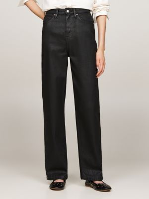 black high rise relaxed straight coated black jeans for women tommy hilfiger