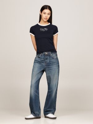 blue mid rise loose straight leg jeans for women tommy hilfiger