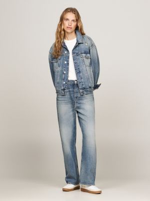 blue oversized distressed denim jacket for women tommy hilfiger