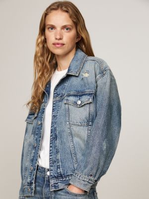 blue oversized distressed denim jacket for women tommy hilfiger