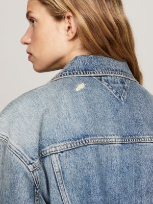 blue oversized distressed denim jacket for women tommy hilfiger