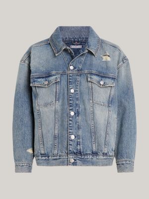 blue oversized distressed denim jacket for women tommy hilfiger