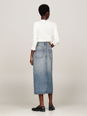 blauw high rise midi-rok van denim voor dames - tommy hilfiger