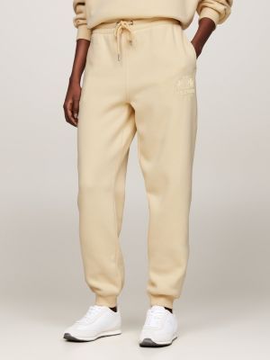 joggers con bordi elastici e logo ricamato beige da donne tommy hilfiger