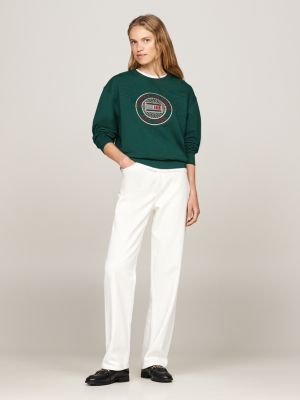 grün rundhals-sweatshirt mit aufgesticktem logo für damen - tommy hilfiger