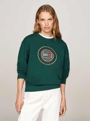 grün rundhals-sweatshirt mit aufgesticktem logo für damen - tommy hilfiger