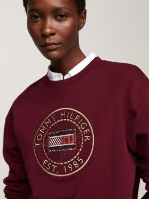 rood sweatshirt met ronde hals en geborduurd logo voor dames - tommy hilfiger