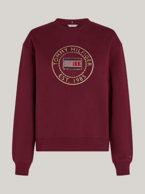 rot rundhals-sweatshirt mit aufgesticktem logo für damen - tommy hilfiger