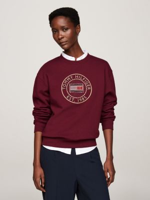 rot rundhals-sweatshirt mit aufgesticktem logo für damen - tommy hilfiger