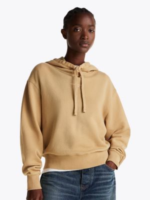 khaki hoodie met trekkoord en logo voor dames - tommy hilfiger