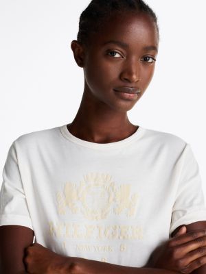 weiß rundhals-t-shirt mit kontrast-besätzen für damen - tommy hilfiger