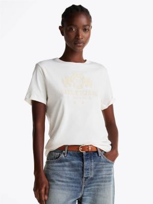 white rundhals-t-shirt mit kontrast-besätzen für damen - tommy hilfiger