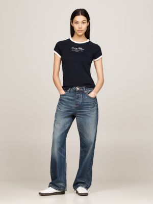 blauw slim fit t-shirt met contrasterende biezen voor dames - tommy hilfiger