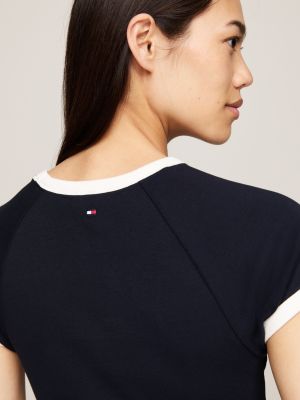 t-shirt ajusté à logo et bords contrastés bleu pour femmes tommy hilfiger