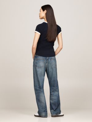 blauw slim fit t-shirt met contrasterende biezen voor dames - tommy hilfiger