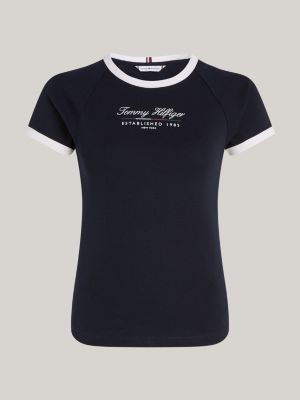 blauw slim fit t-shirt met contrasterende biezen voor dames - tommy hilfiger