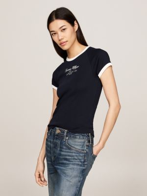 blue slim fit t-shirt met contrasterende biezen voor dames - tommy hilfiger