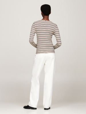 beige gestreiftes slim fit langarmshirt für damen - tommy hilfiger