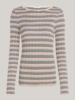 beige gestreiftes slim fit langarmshirt für damen - tommy hilfiger