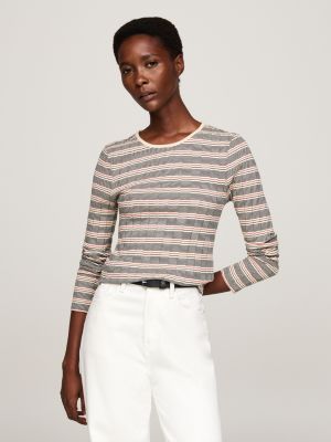 beige stripe slim long sleeve t-shirt for women tommy hilfiger