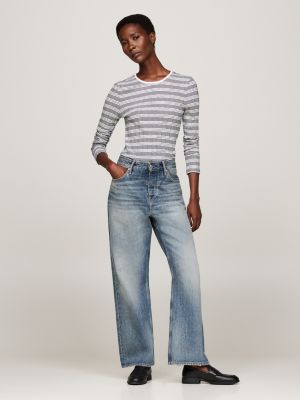 grau gestreiftes slim fit langarmshirt für damen - tommy hilfiger